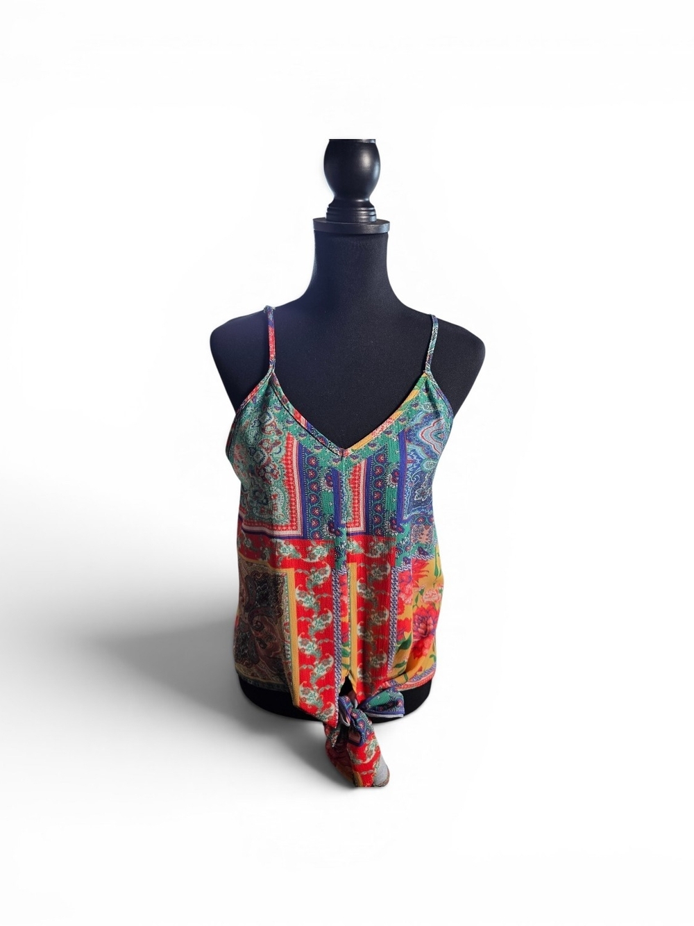 Umgee Colorful Patchwork Tie-Front Cami Top - Picture 2 of 9